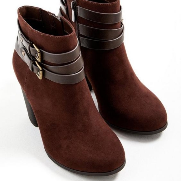 Torrid Extra Wide Width Brown Faux Suede Buckle Heel Booties - Picture 7 of 9